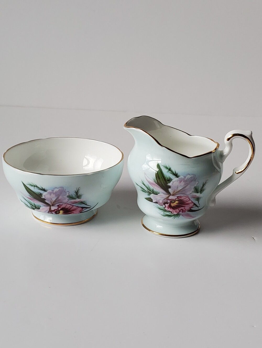 VTG Paragon England Bone China Pink Orchid Light Blue Creamer & Sugar Bowl Set